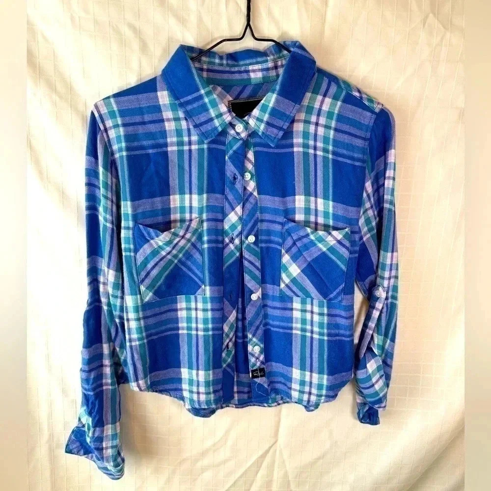 Rails Womens Xs soft blue plaid long sleeve shirt 0-2 31.5/32.5 bust